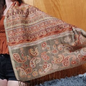 Orange Gold Striped Paisley Pashmina Scarf Pretty Big Soft Wrap